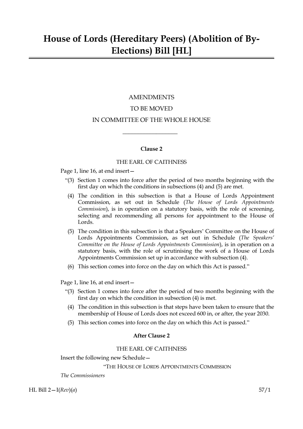 House of Lords (Hereditary Peers) (Abolition of By-Elections) Bill Amendments to be moved in Committee of the Whole House