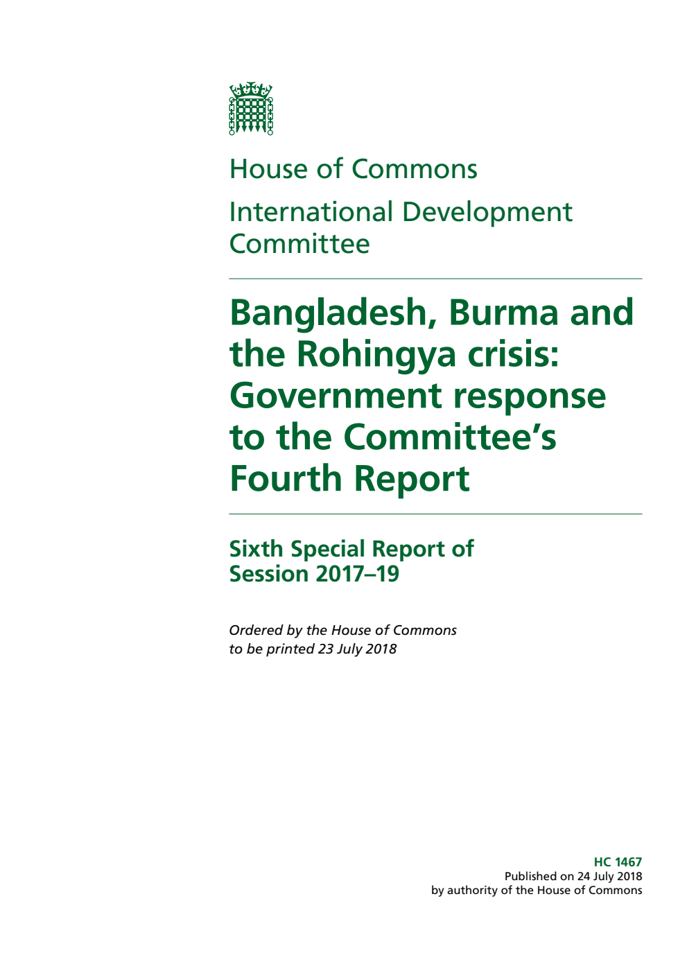 International Development Committee 6th Special Report. Bangladesh, Burma and the Rohingya crisis: Government response to the Committee’s Fourth Report