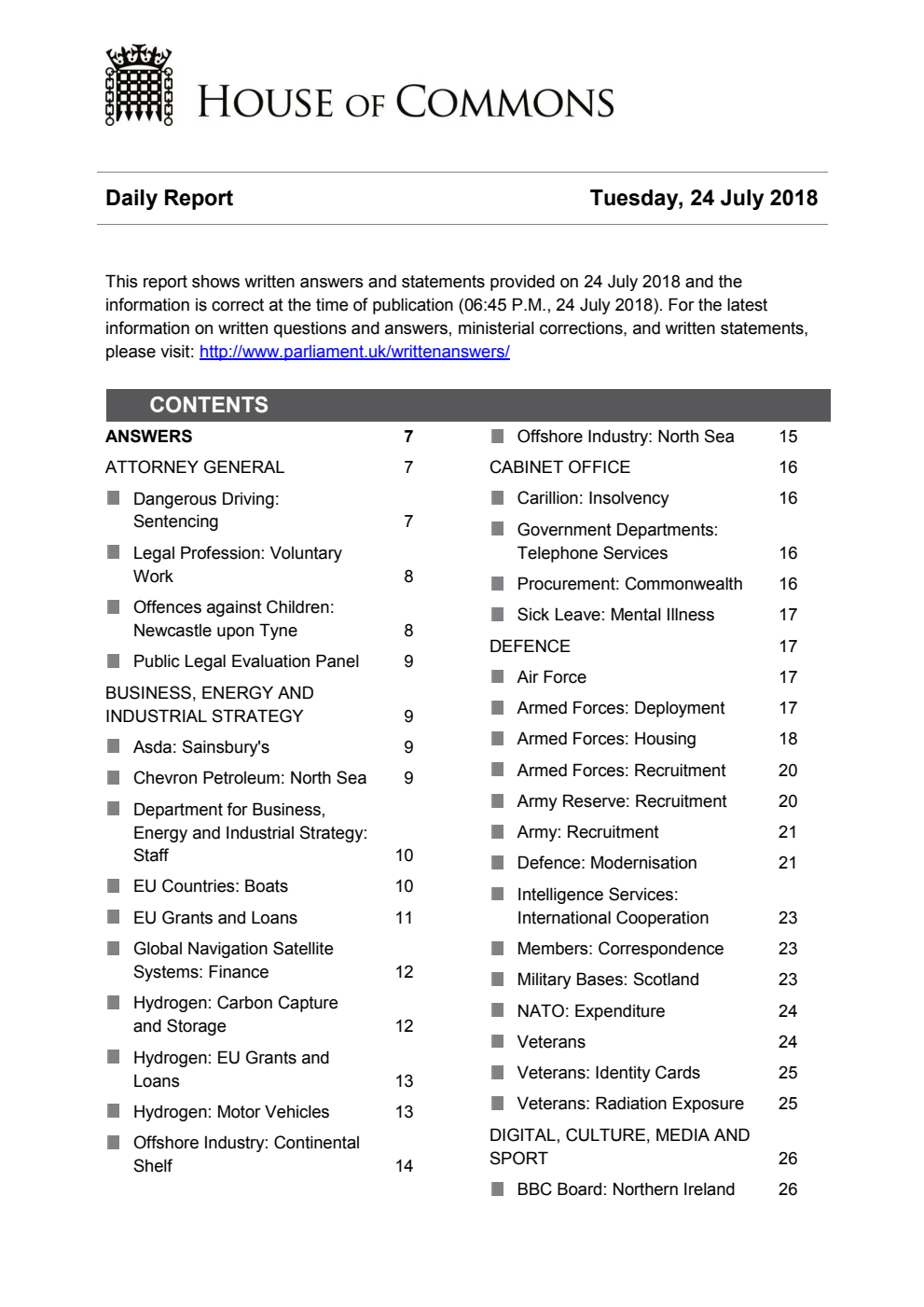 HOC Daily Report Written Answers 24.07.18