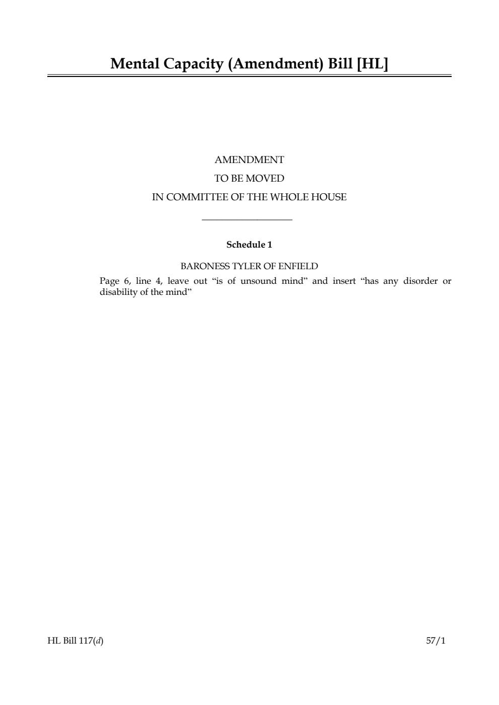 Mental Capacity (Amendment) Bill Amendment to be moved in Committee of the Whole House