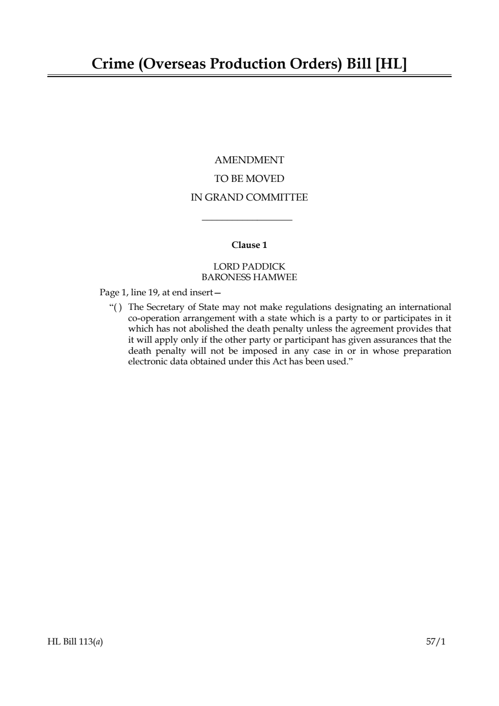 Crime (Overseas Production Orders) Bill Amendment to be moved in Grand Committee