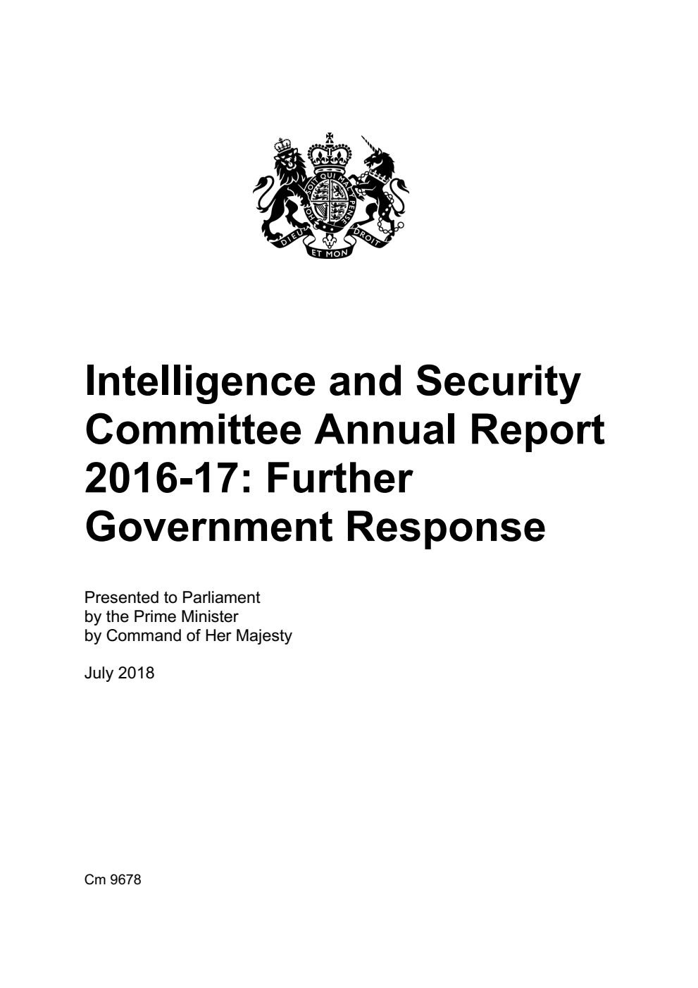 Intelligence and Security Committee Annual Report 2016-17: Further Government Response