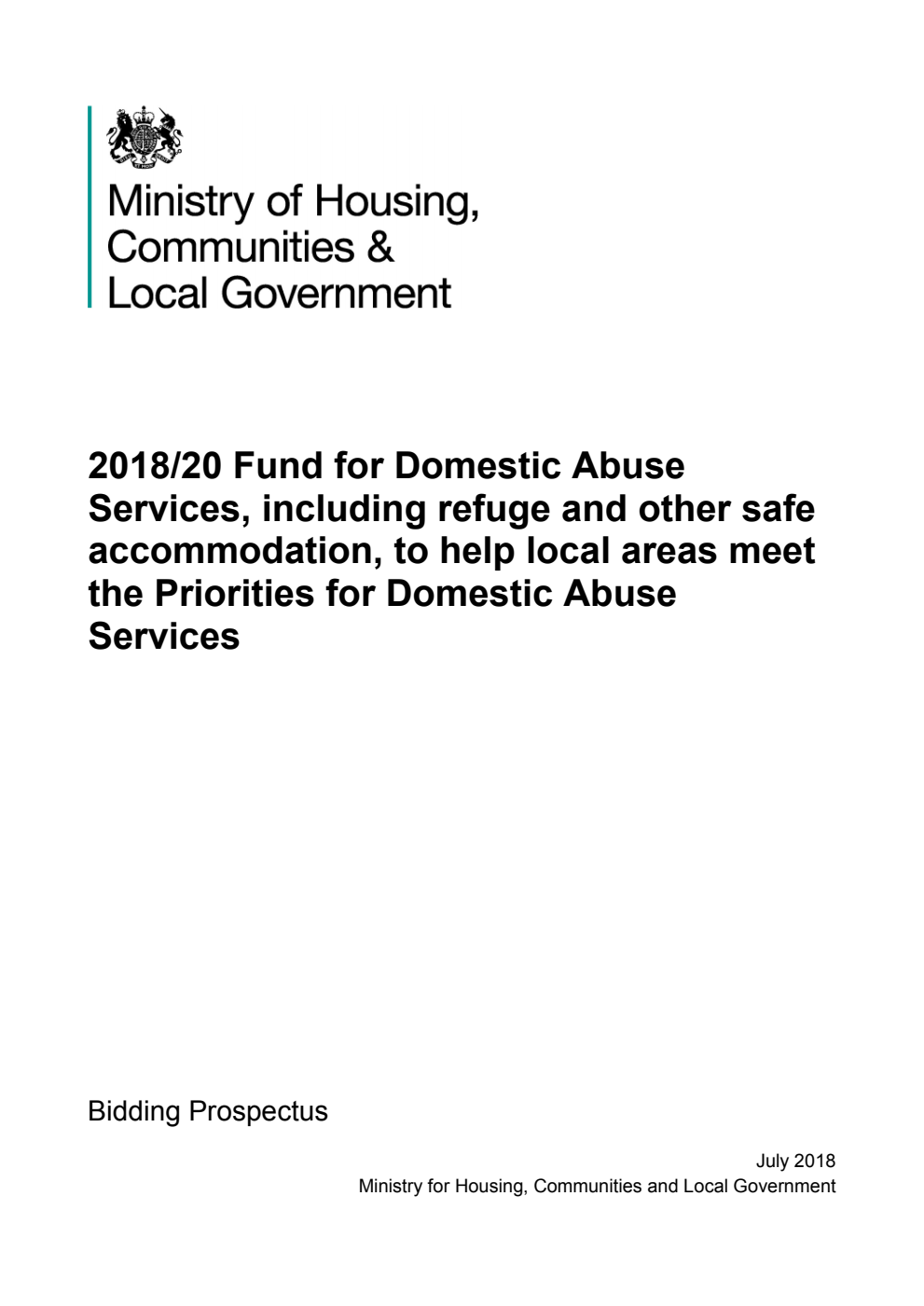 2018/20 Fund for Domestic Abuse Services, including refuge and other safe accommodation, to help local areas meet the Priorities for Domestic Abuse Services