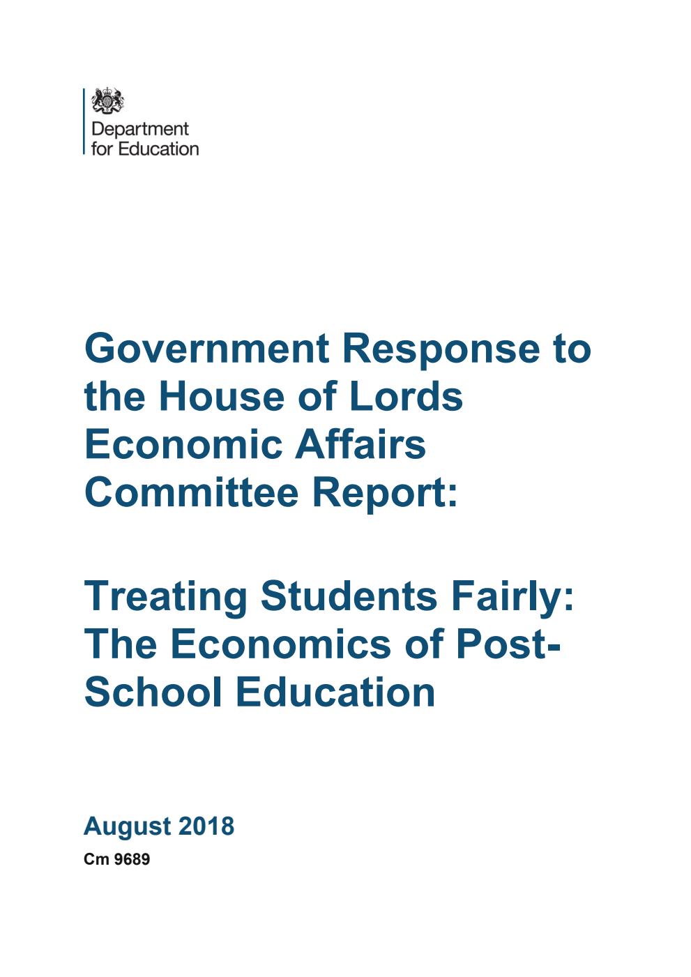 Government Response to the House of Lords Economic Affairs Committee Report: Treating Students Fairly: The Economics of Post-School Education