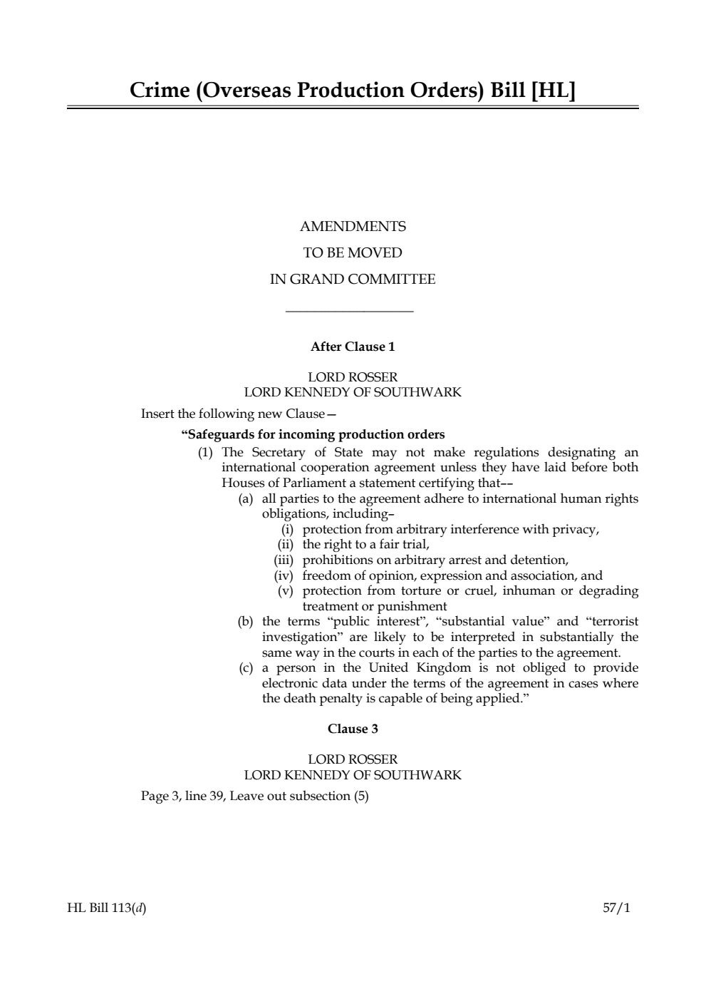 Crime (Overseas Production Orders) Bill Amendment to be moved in Grand Committee