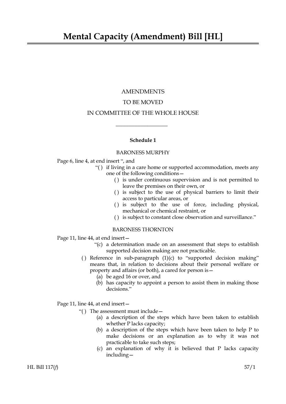 Mental Capacity (Amendment) Bill Amendments to be moved in Committee of the Whole House
