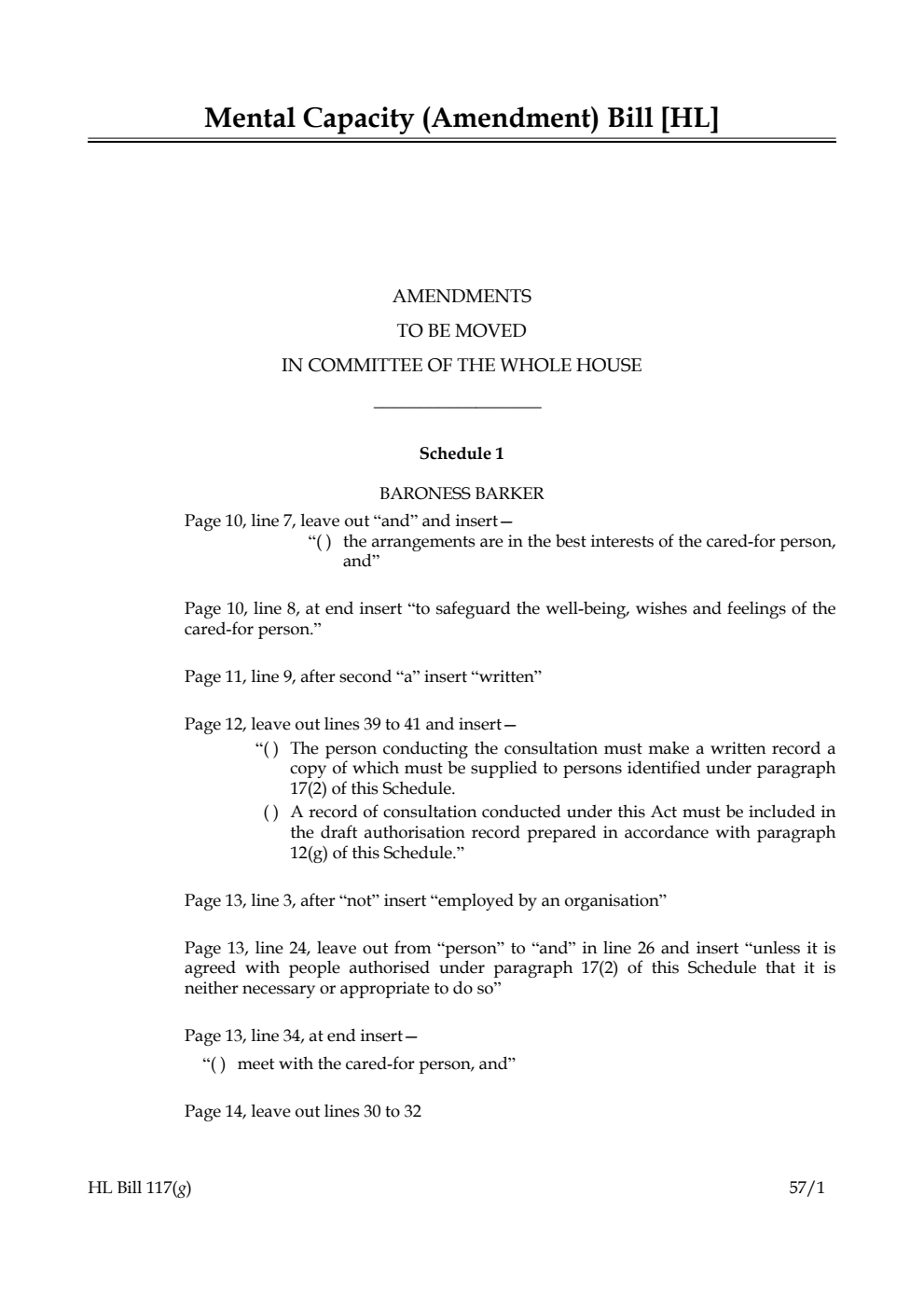 Mental Capacity (Amendment) Bill Amendments to be moved in Committee of the Whole House