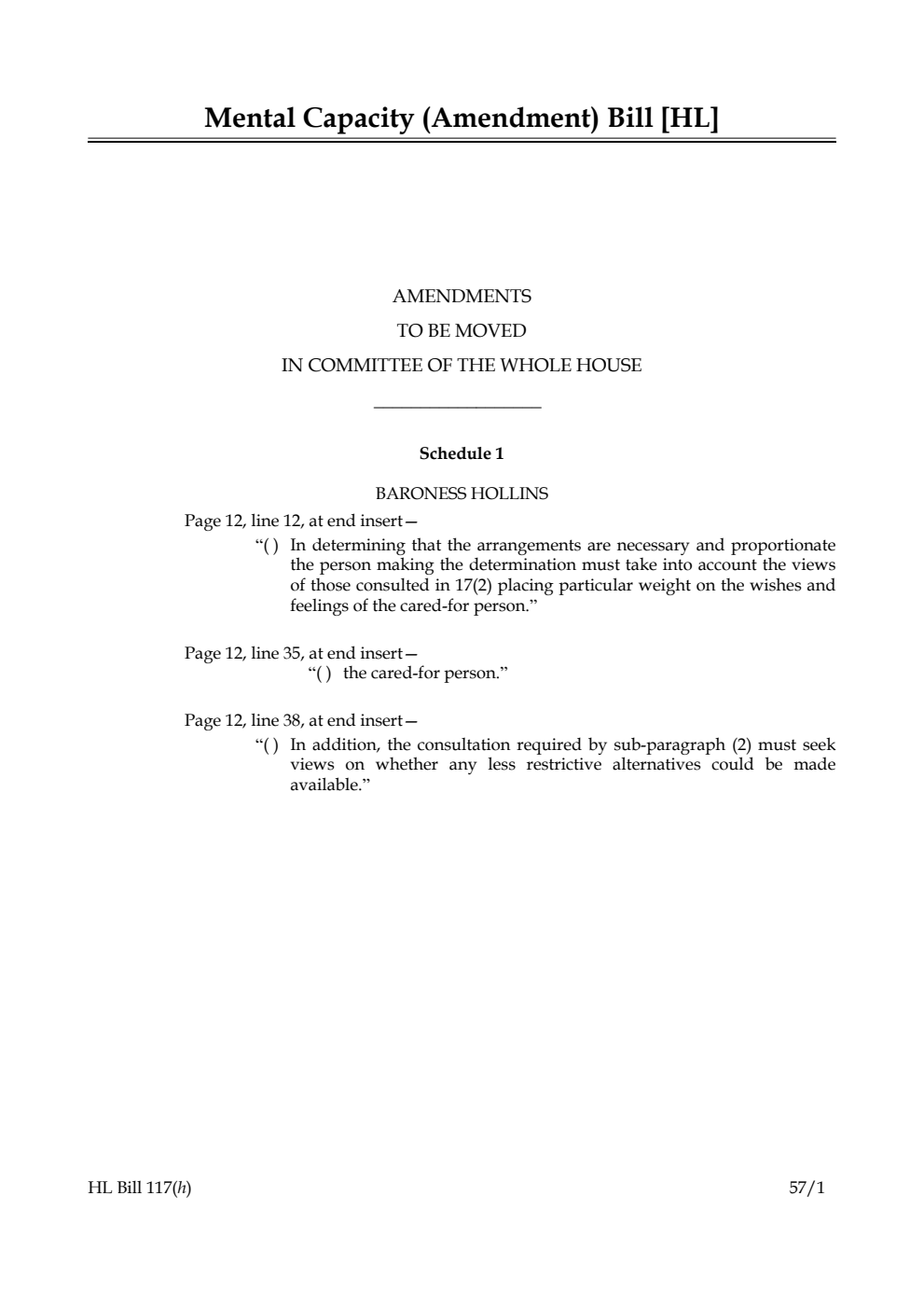 Mental Capacity (Amendment) Bill Amendments to be moved in Committee of the Whole House