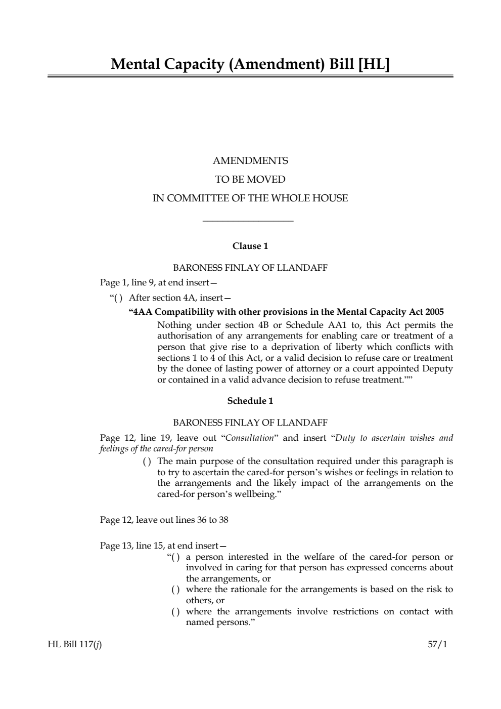 Mental Capacity (Amendment) Bill Amendments to be moved in Committee of the Whole House