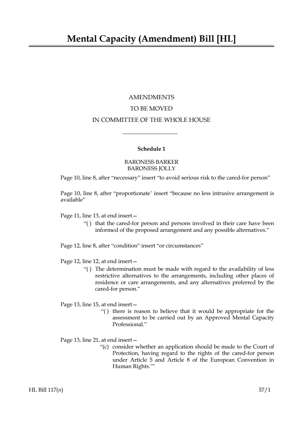 Mental Capacity (Amendment) Bill Amendments to be moved in Committee of the Whole House