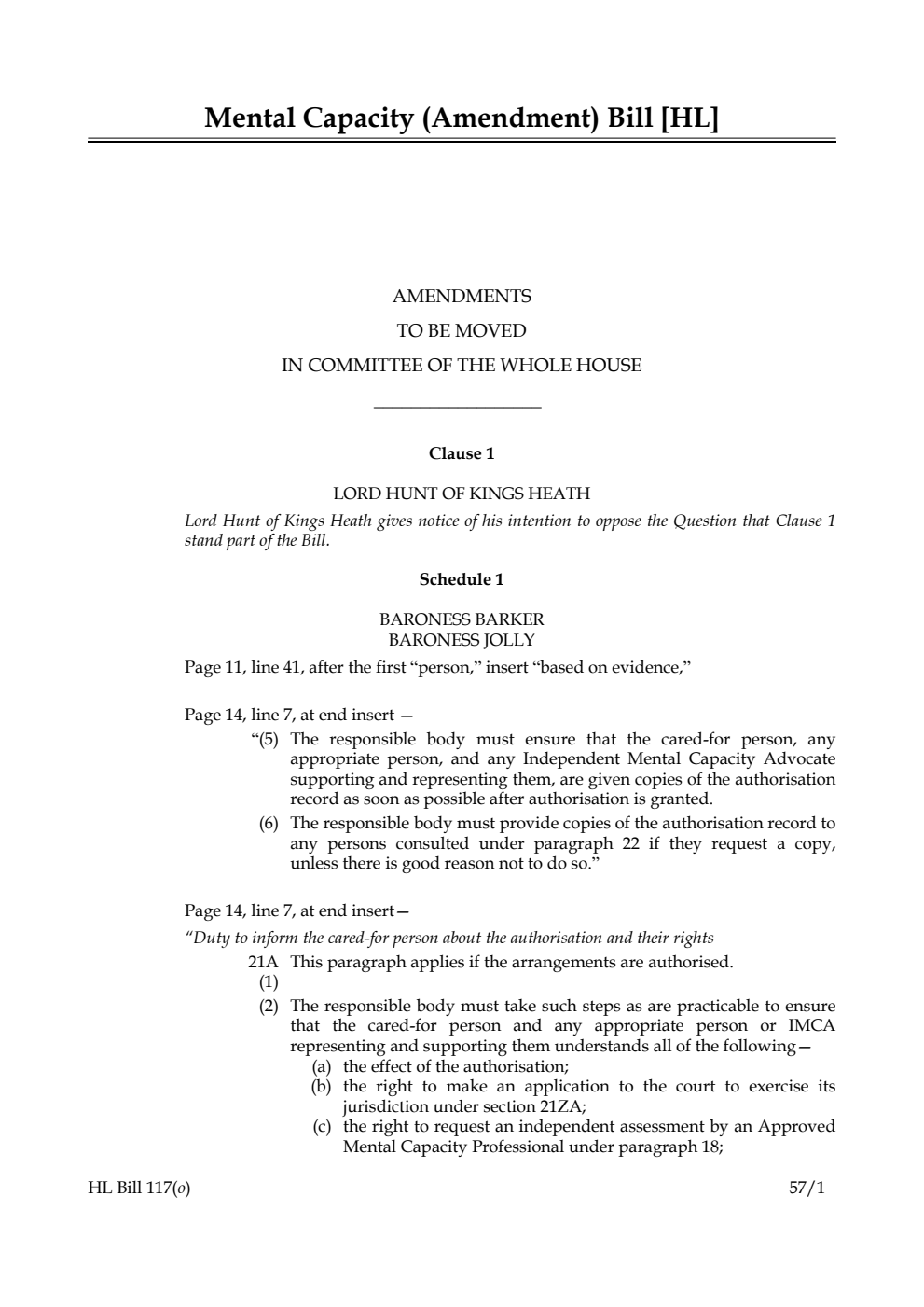 Mental Capacity (Amendment) Bill Amendments to be moved in Committee of the Whole House