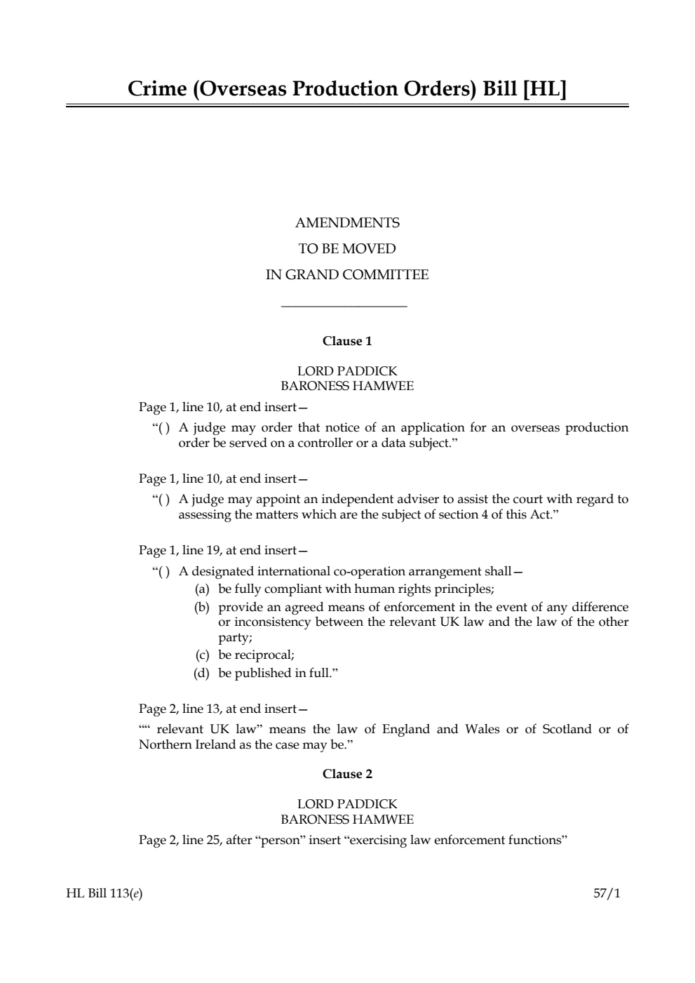Crime (Overseas Production Orders) Bill Amendments to be moved in Grand Committee