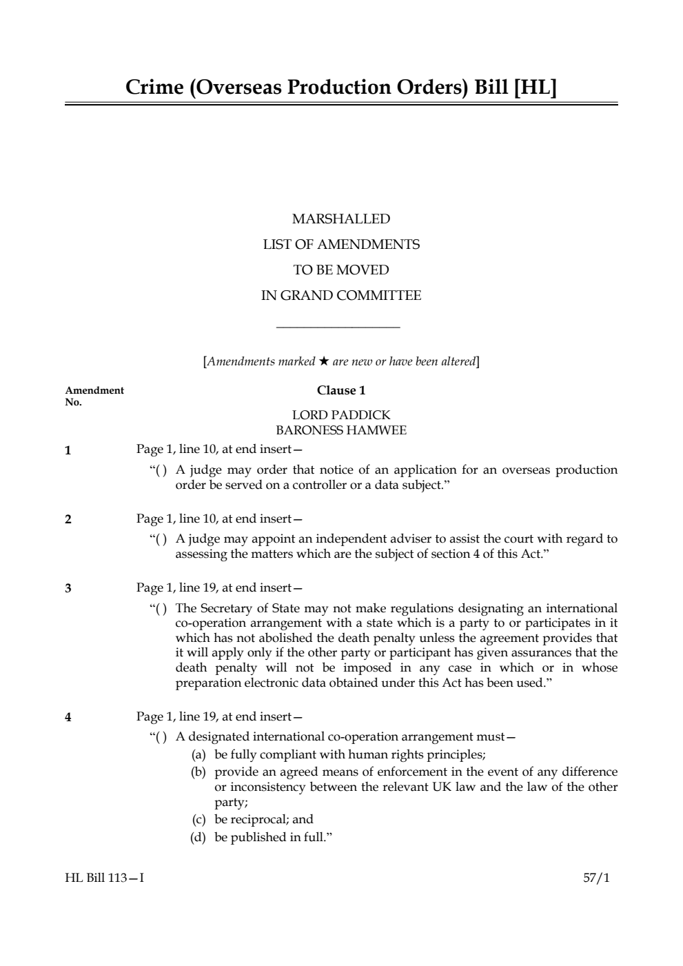 Crime (Overseas Production Orders) Bill Lords Amendments 1st Marshalled List