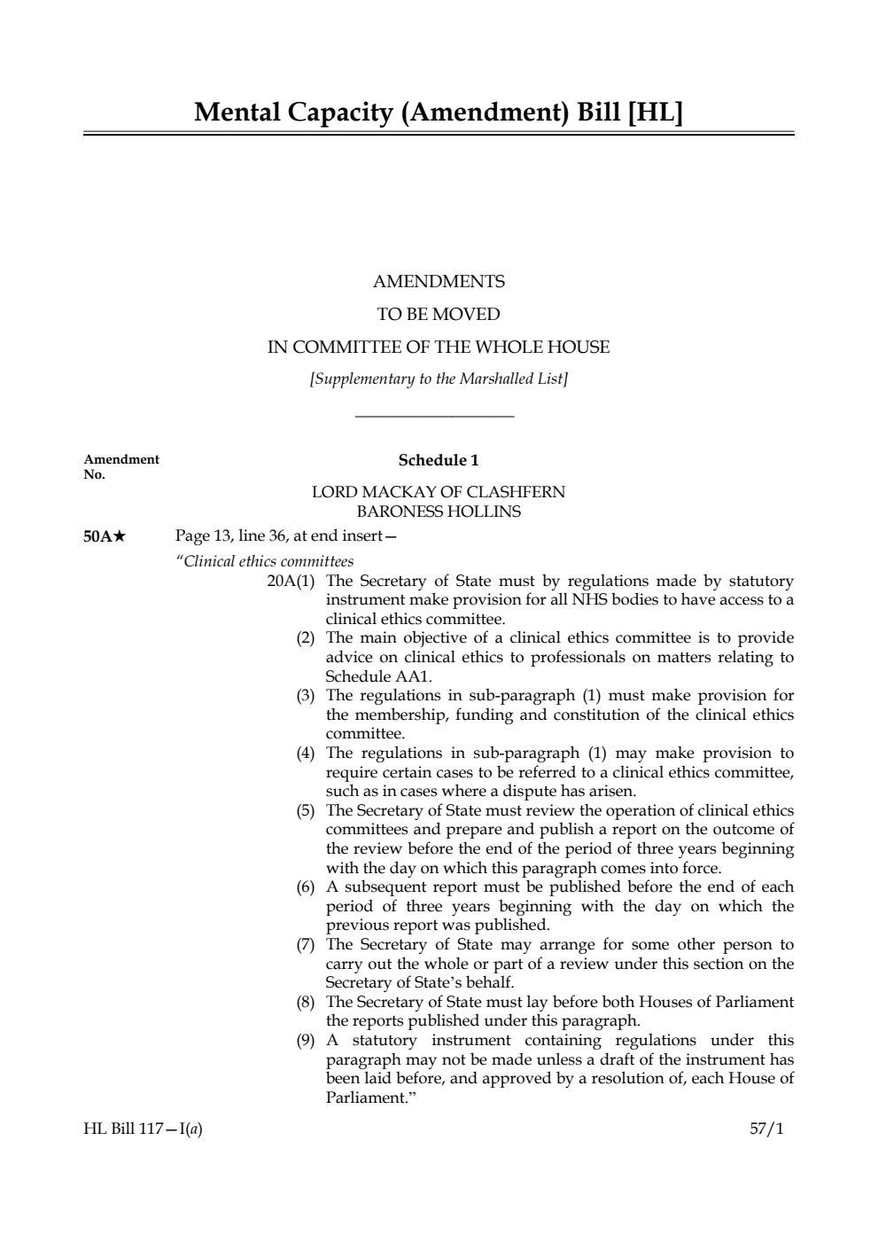 Mental Capacity (Amendment) Bill Amendments to be moved in Committee of the Whole House [Supplementary to the Marshalled List]