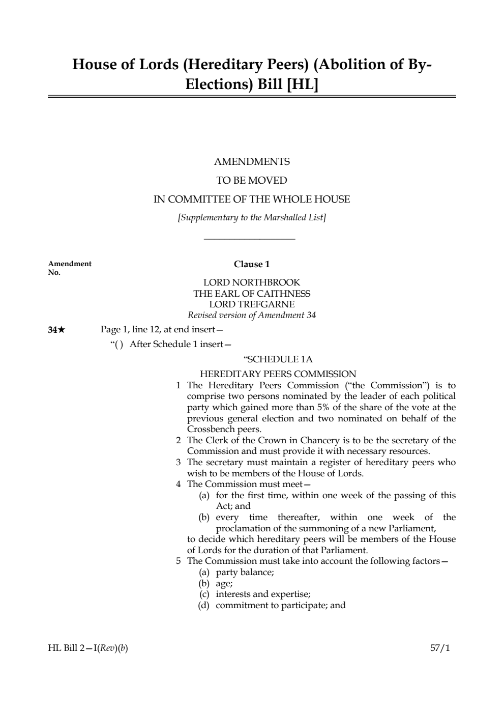 House of Lords (Hereditary Peers) (Abolition of By-Elections) Bill Amendments to be moved in Committee of the Whole House