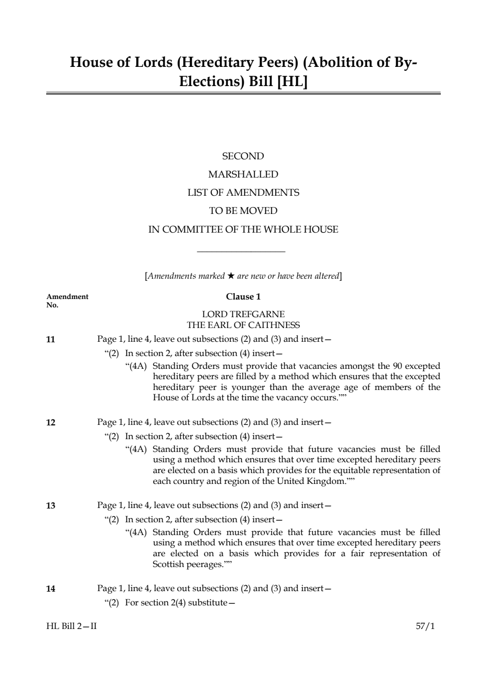 House of Lords (Hereditary Peers) (Abolition of By-Elections) Bill Lords Amendments 2nd Marshalled List