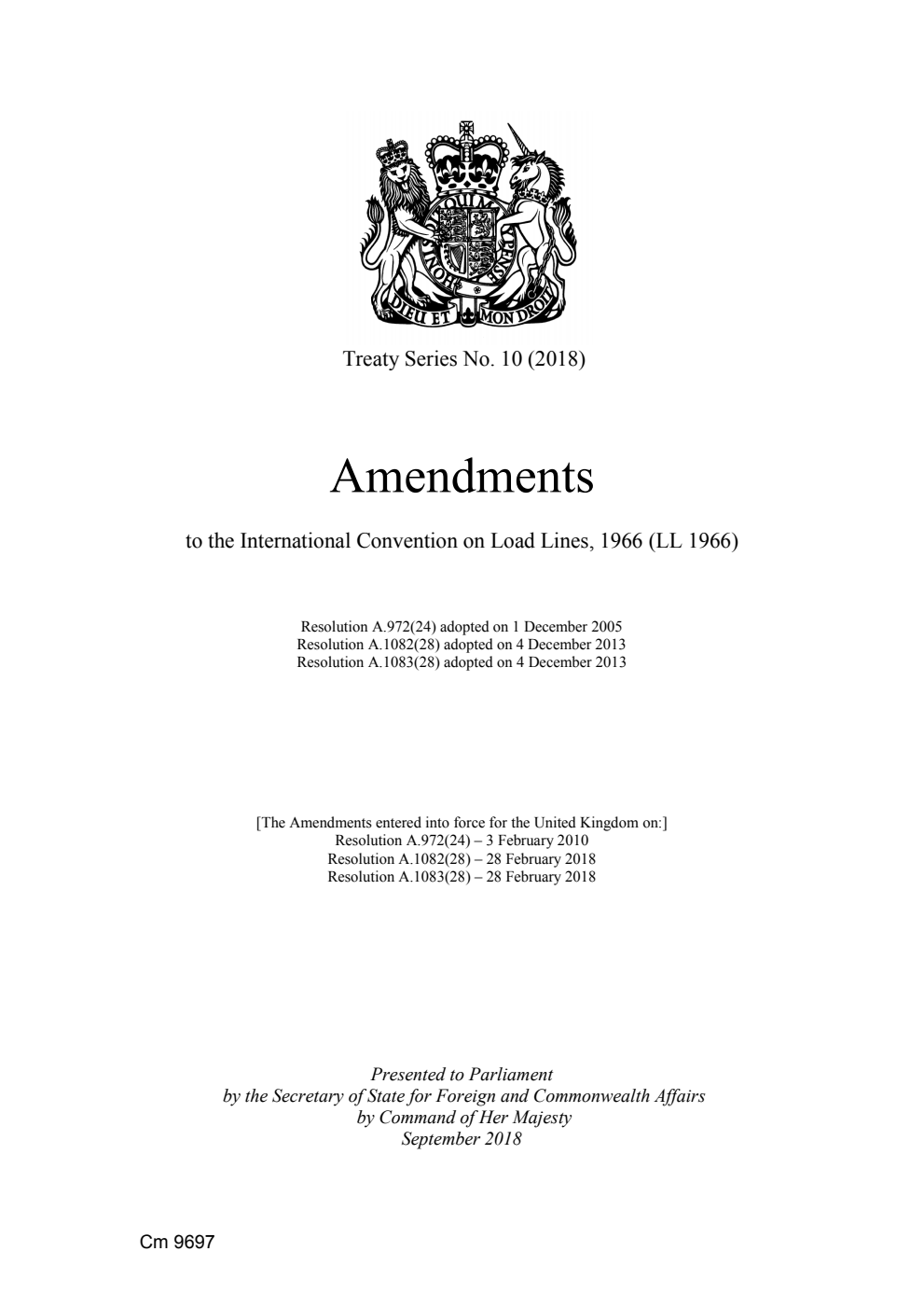 Treaty Series No. 10 (2018) Amendments to the International Convention on Load Lines, 1966 (LL 1966)