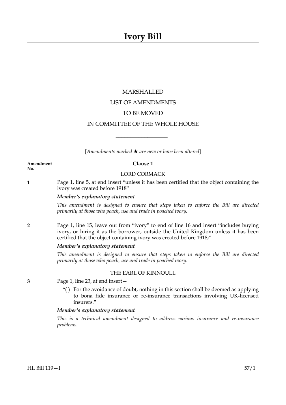 Ivory Bill Marshalled List of Amendments to be moved in Committee of the Whole House