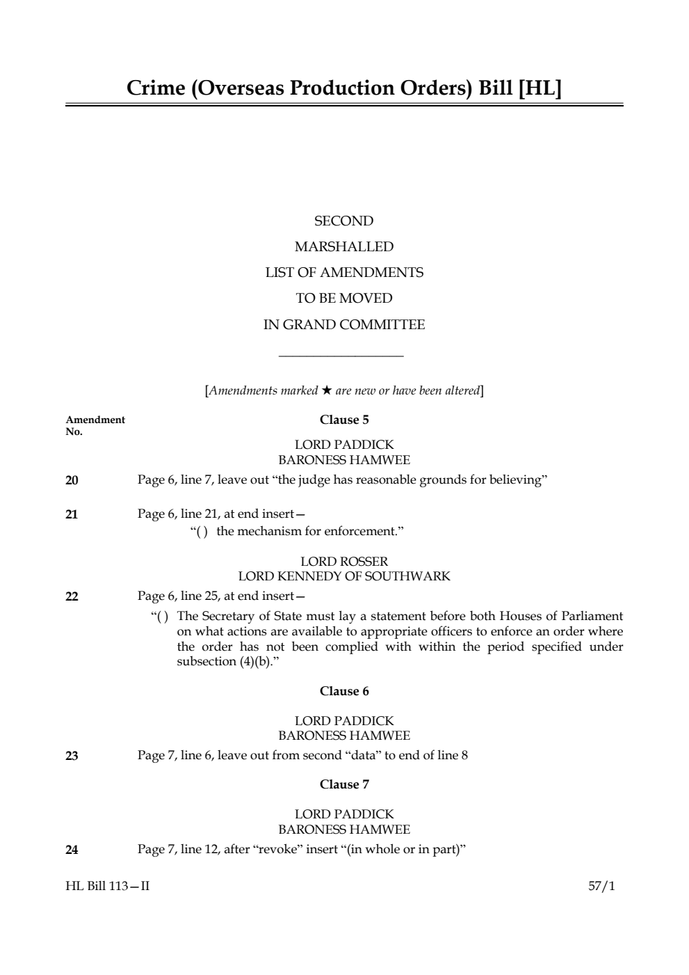 Crime (Overseas Production Orders) Bill Lords Amendments 2nd Marshalled List