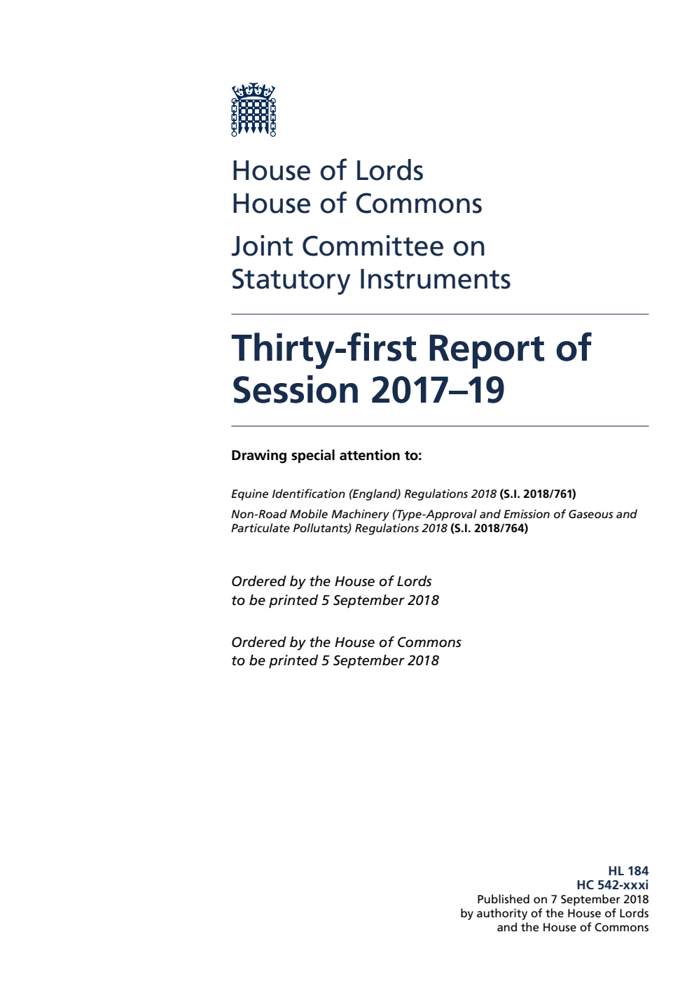 Statutory Instruments Joint Committee 31st Report of Session 2017–19
