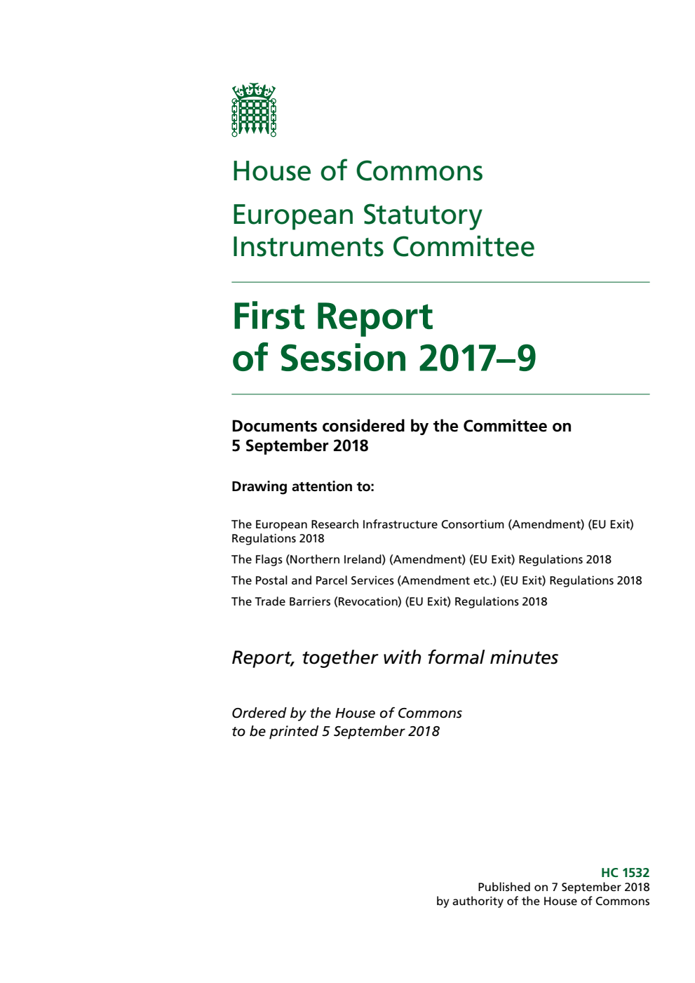 European Statutory Instruments Committee 1st Report of Session 2017-19