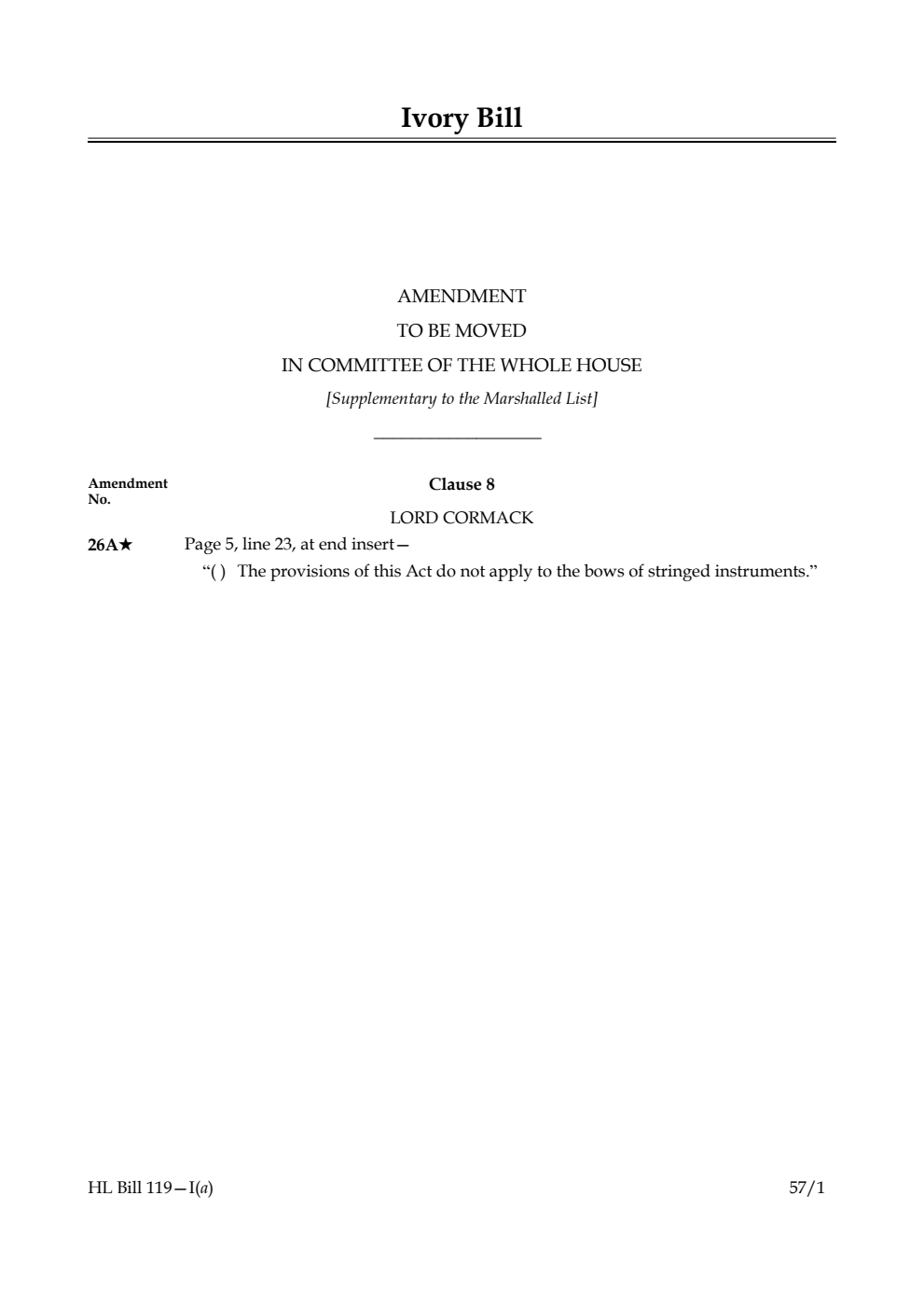 Ivory Bill Amendments to be moved in Committee of the Whole House [Supplementary to the Marshalled List]
