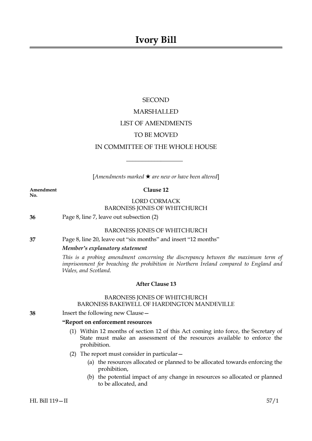 Ivory Bill 2nd Marshalled List of Amendments to be moved in Committee of the Whole House