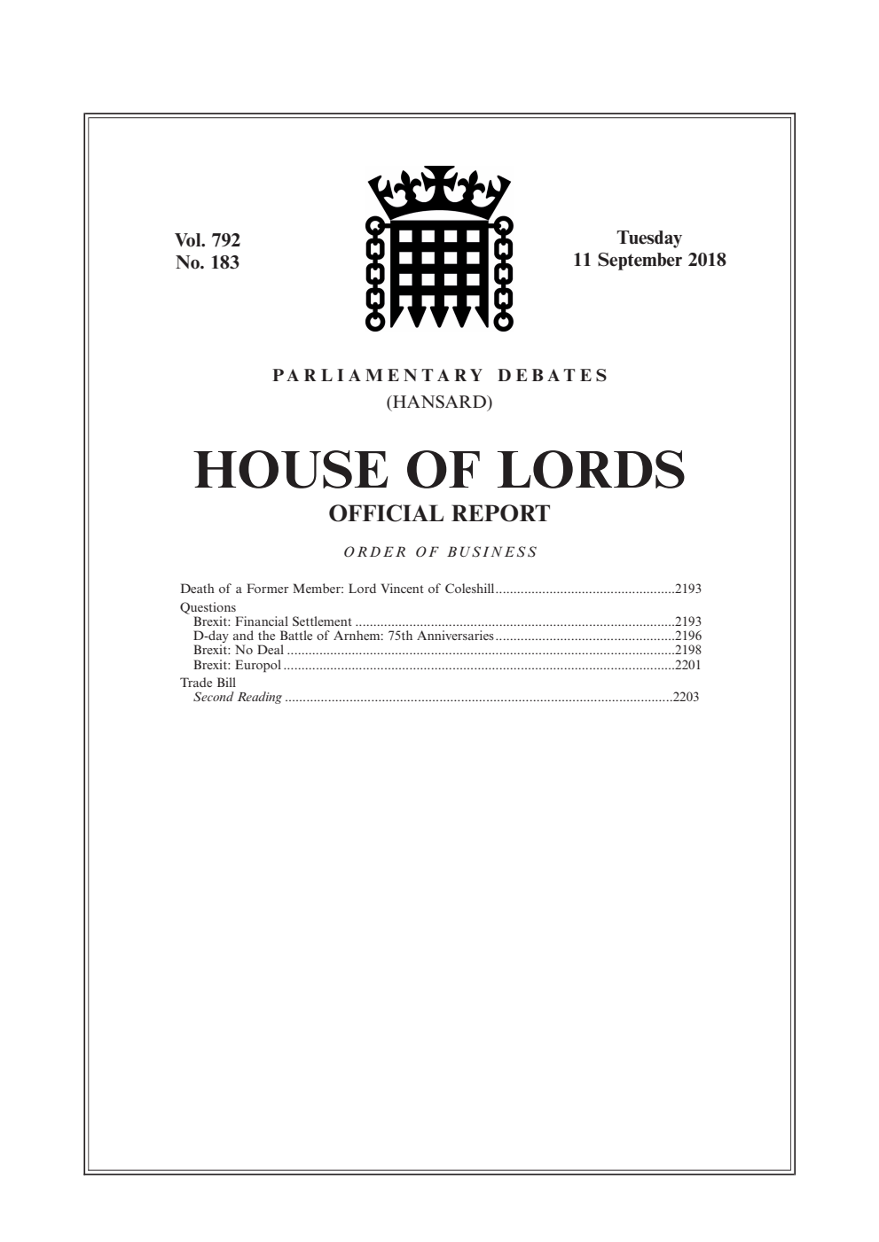 HOL Daily Hansard Vol. 792, No. 183 11.09.18