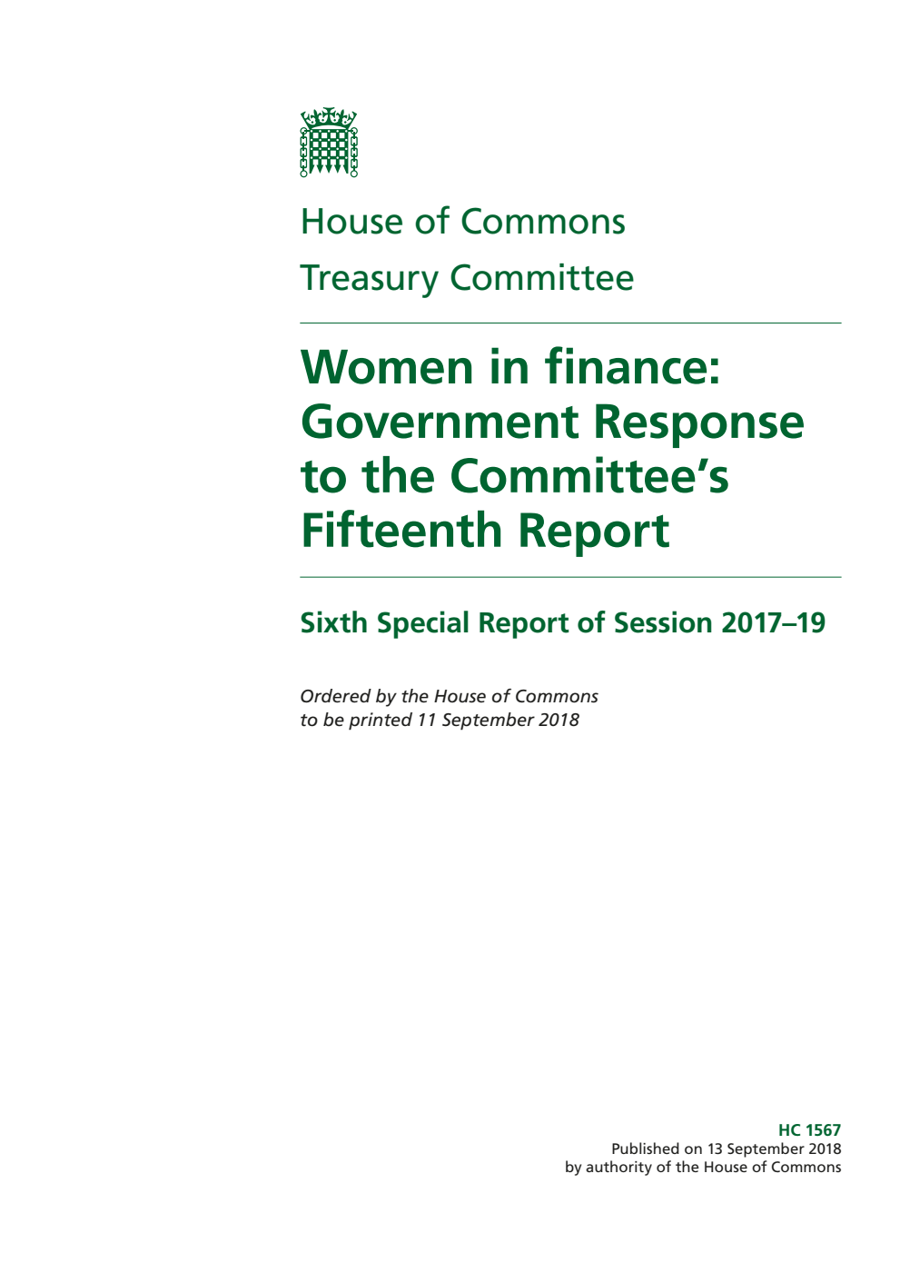 Treasury Committee 6th Special Report. Women in finance: Government Response to the Committee’s Fifteenth Report