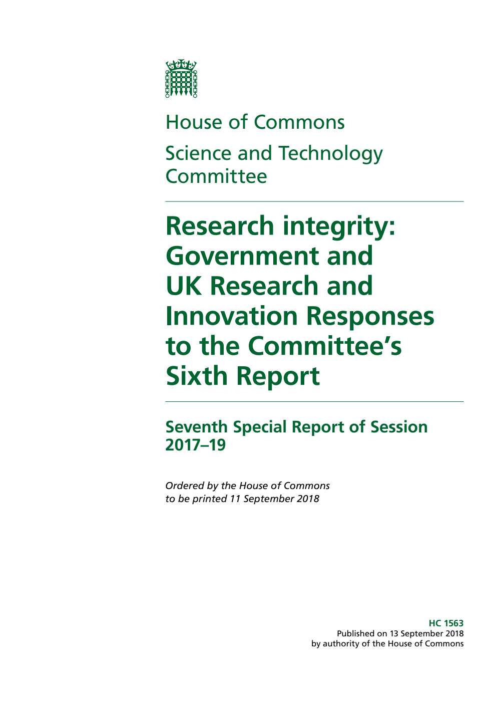 Science and Technology Committee 7th Special Report. Research integrity: Government and UK Research and Innovation Responses to the Committee’s Sixth Report
