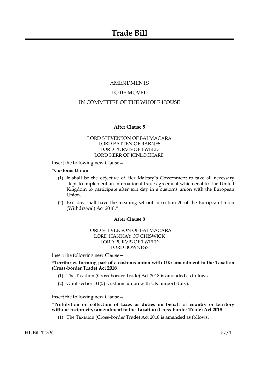 Trade Bill Amendments to be moved in Committee of the Whole House