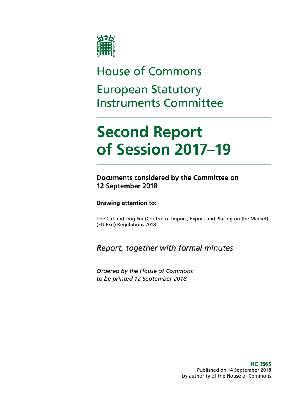 European Statutory Instruments Committee 2nd Report of Session 2017–19