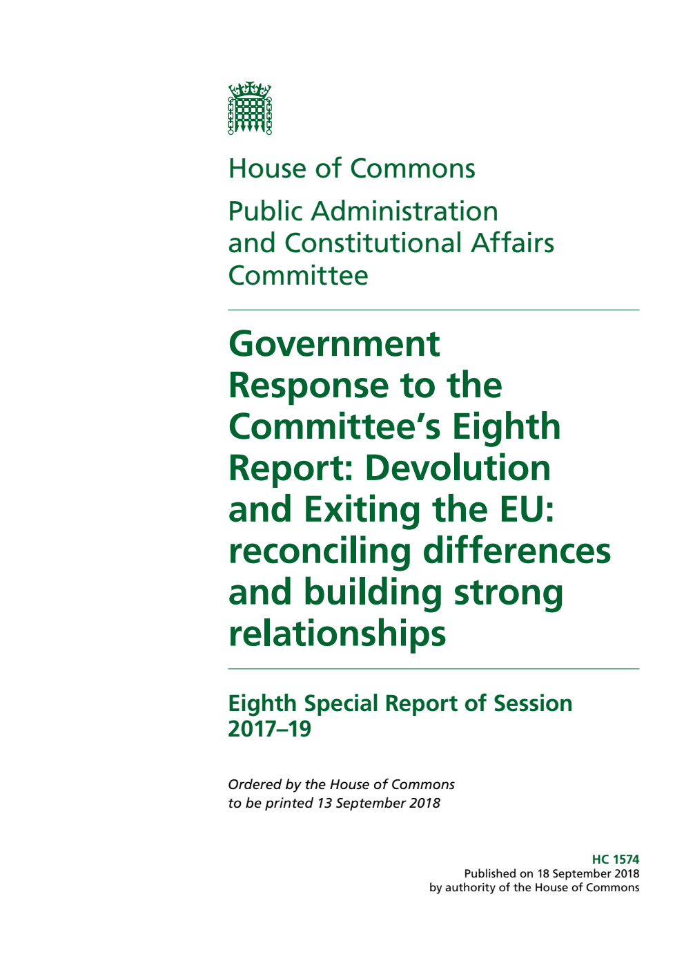 Public Administration and Constitutional Affairs Committee 8th Special Report.  Government Response to the Committee’s Eighth Report: Devolution and Exiting the EU: reconciling differences and building strong relationships