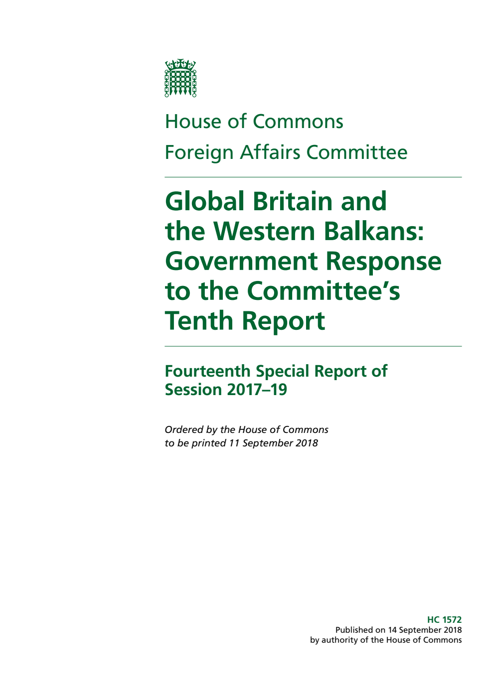 Foreign Affairs Committee 14th Special Report.  Global Britain and the Western Balkans: Government Response to the Committee’s Tenth Report