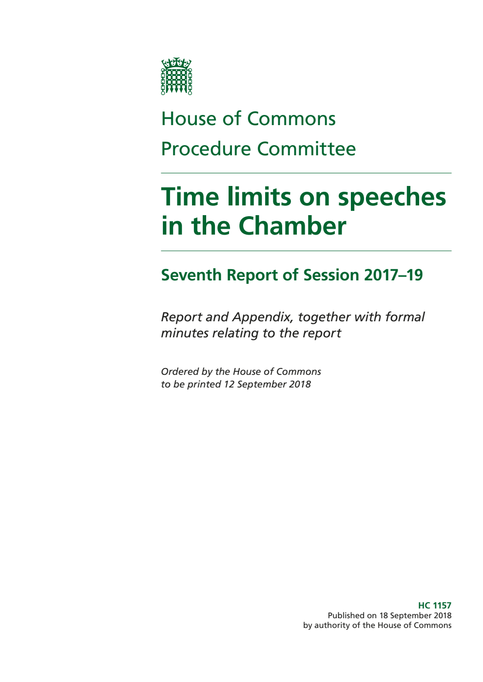 Procedure Committee 7th Report. Time limits on speeches in the Chamber