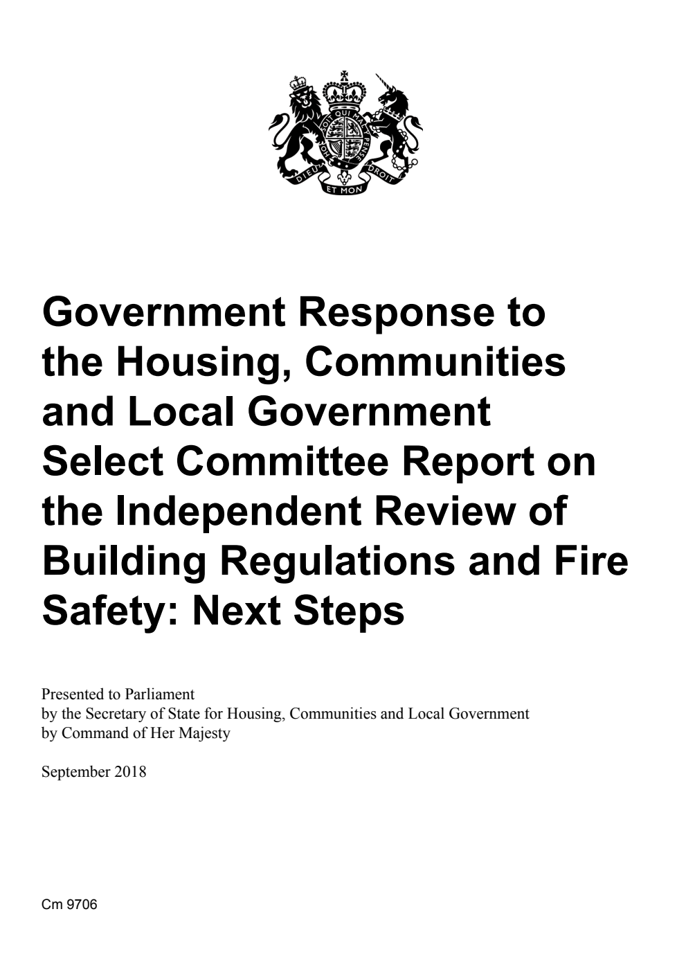 Government Response to the Housing, Communities and Local Government Select Committee Report on the Independent Review of Building Regulations and Fire Safety: Next Steps