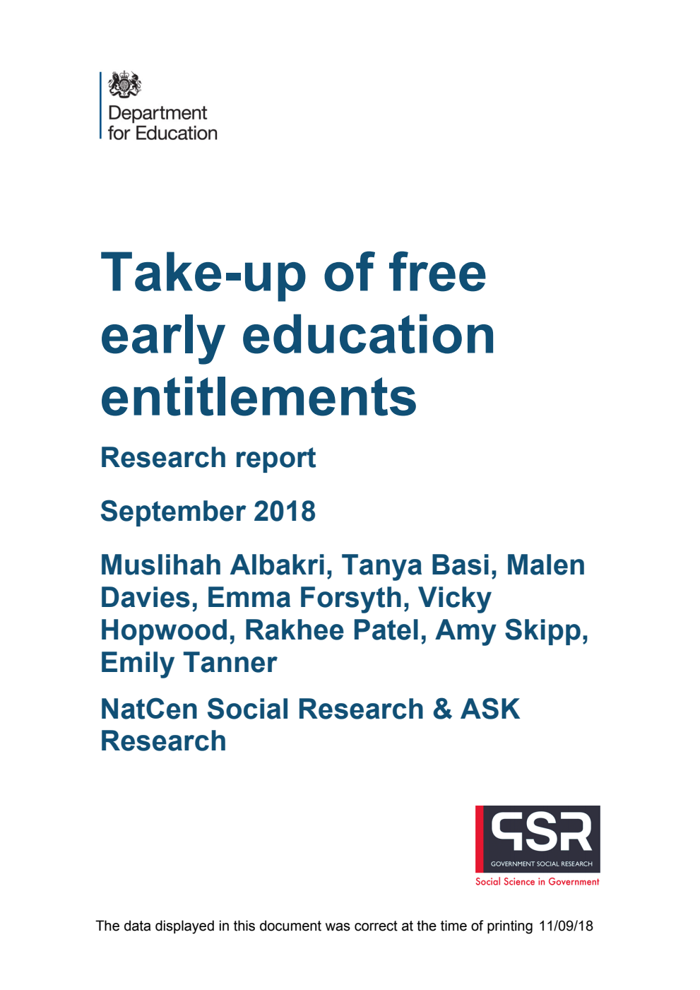 DFE-RR827 Take-up of free early education entitlements, Research report September 2018