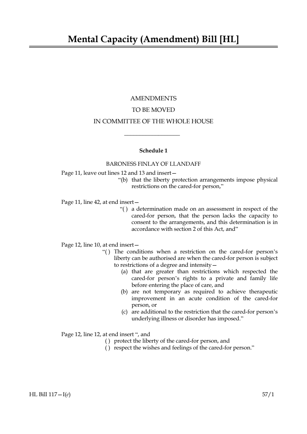 Mental Capacity (Amendment) Bill Amendments to be moved in Committee of the Whole House