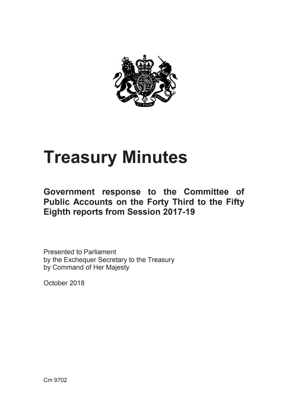 Treasury Minutes Government response to the Committee of Public Accounts on the Forty Third to the Fifty Eighth reports from Session 2017-19