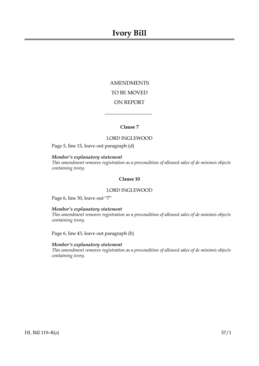 Ivory Bill Amendments to be moved on report