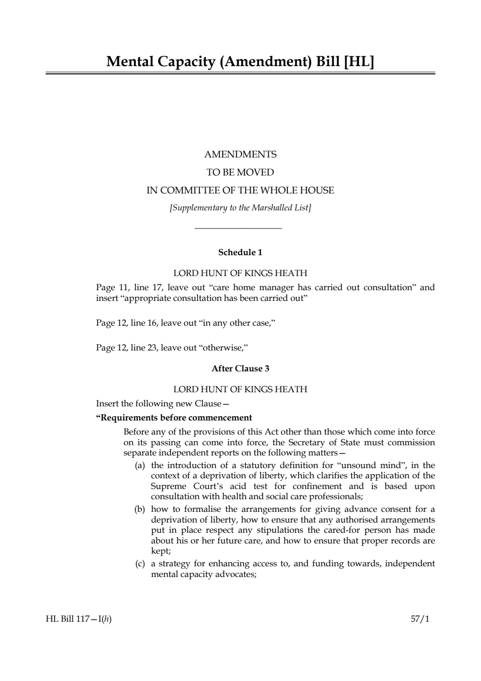 Mental Capacity (Amendment) Bill Amendments to be moved in Committee of the Whole House [Supplementary to the Marshalled List]
