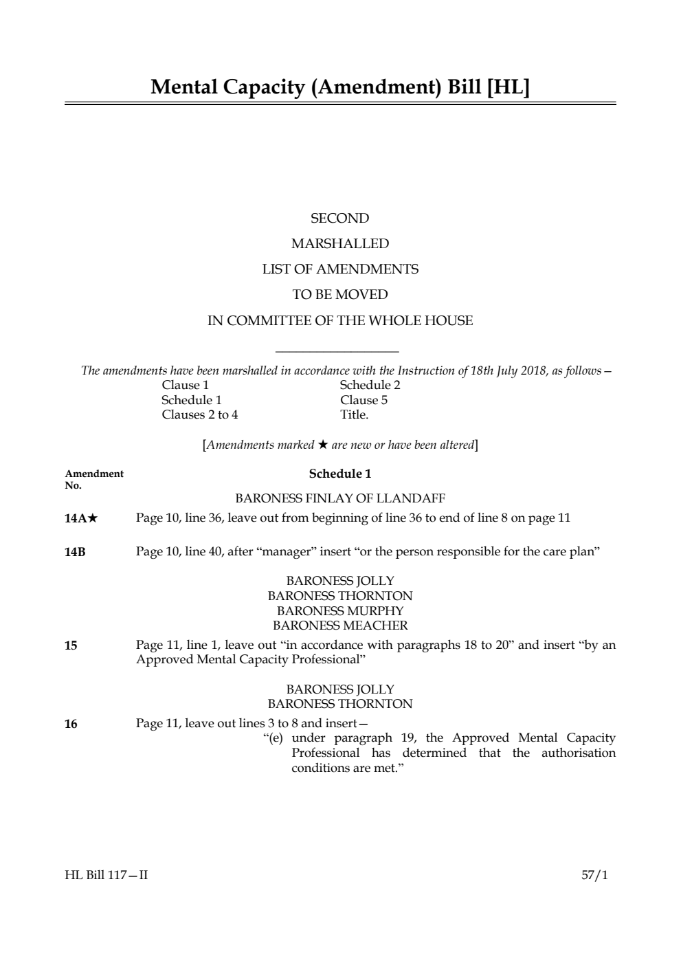 Mental Capacity (Amendment) Bill Lords Amendments 2nd Marshalled List