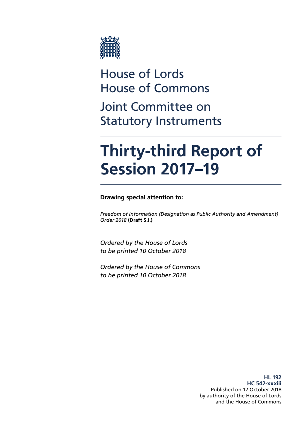 Joint Committee on Statutory Instruments 33rd Report of Session 2017–19