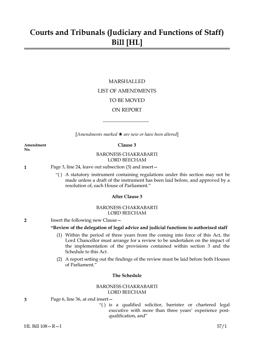 Courts and Tribunals (Judiciary and Functions of Staff) Bill Marshalled list of amendments to be moved on report
