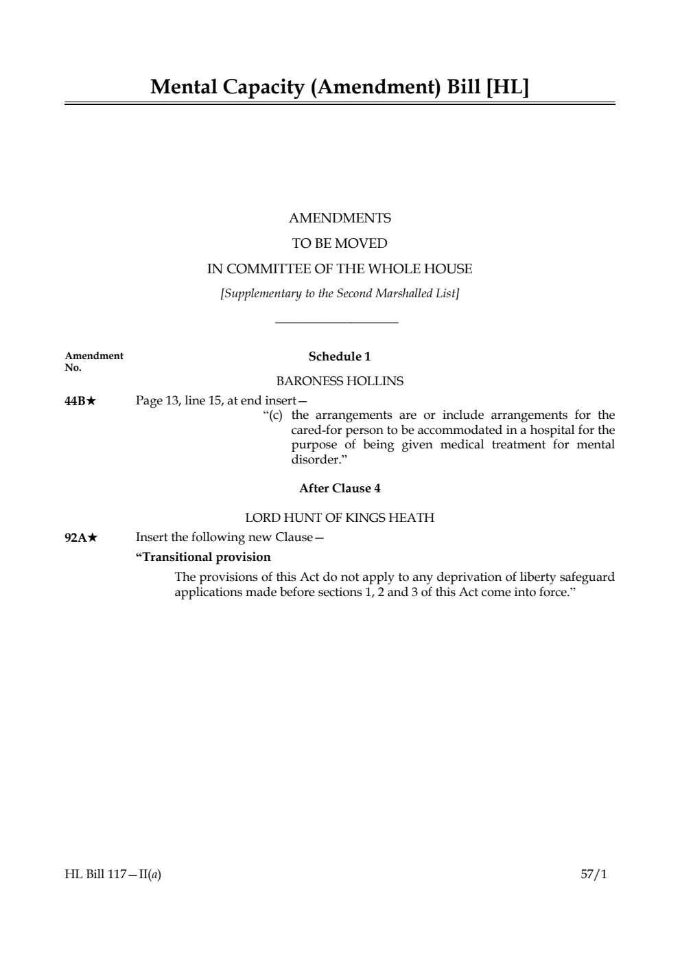Mental Capacity (Amendment) Bill Amendments to be moved in Committee of the Whole House [Supplementary to the Second Marshalled List]