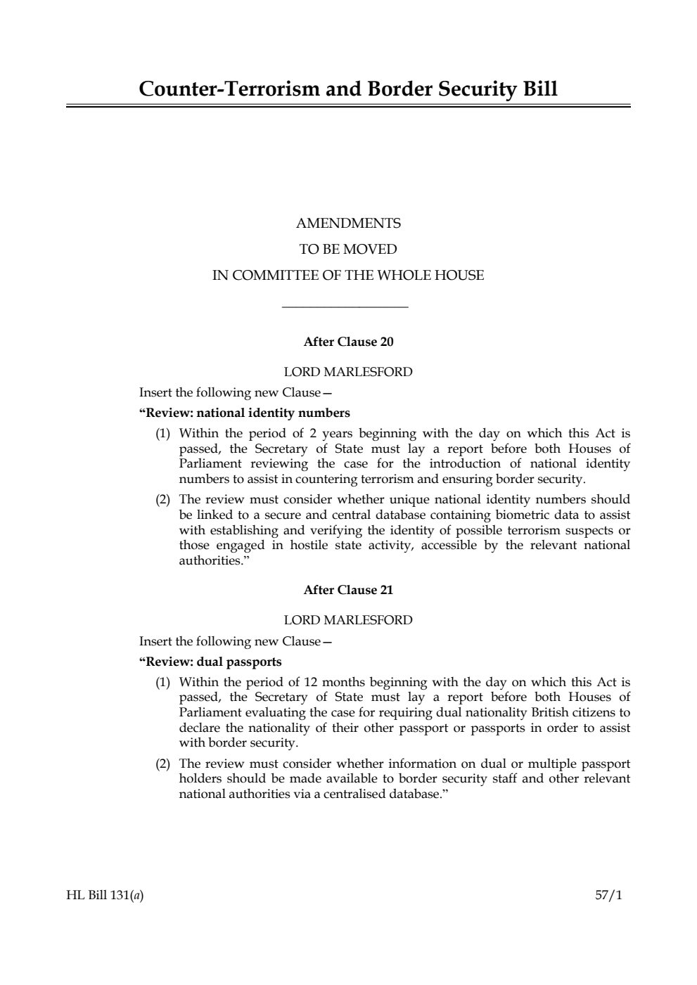 Counter-Terrorism and Border Security Bill Amendments to be moved in Committee of the Whole House