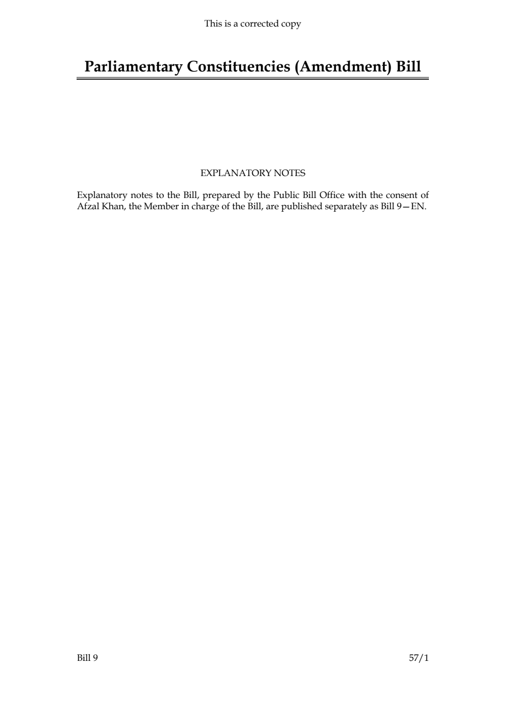 Parliamentary Constituencies (Amendment) Bill Corrected Reprint