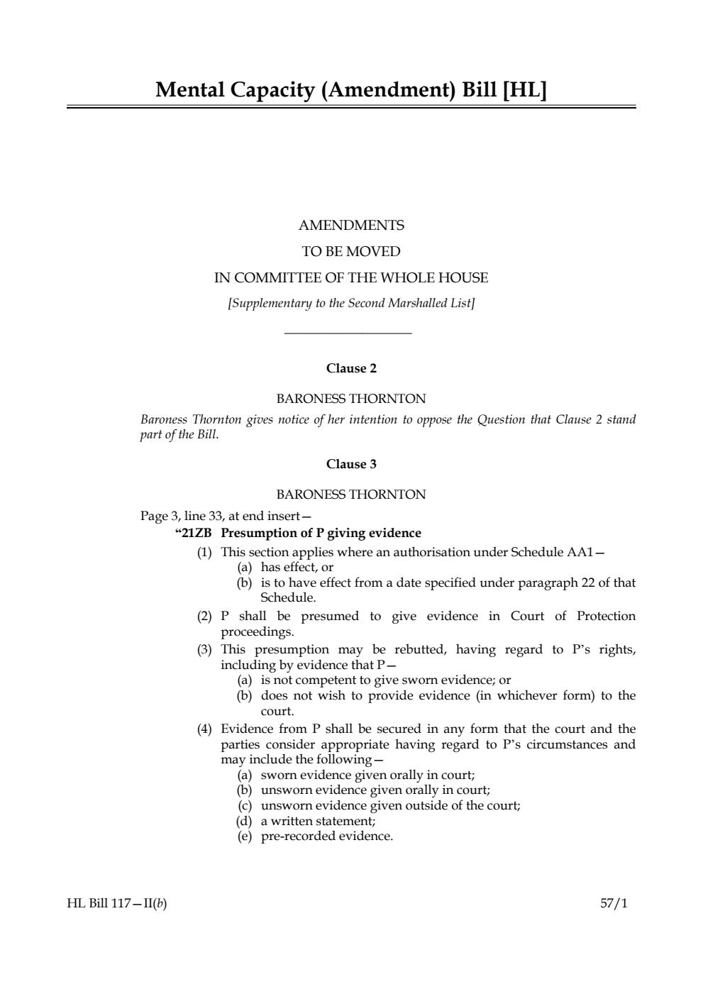 Mental Capacity (Amendment) Bill Amendments to be moved in Committee of the Whole House [Supplementary to the Second Marshalled List]