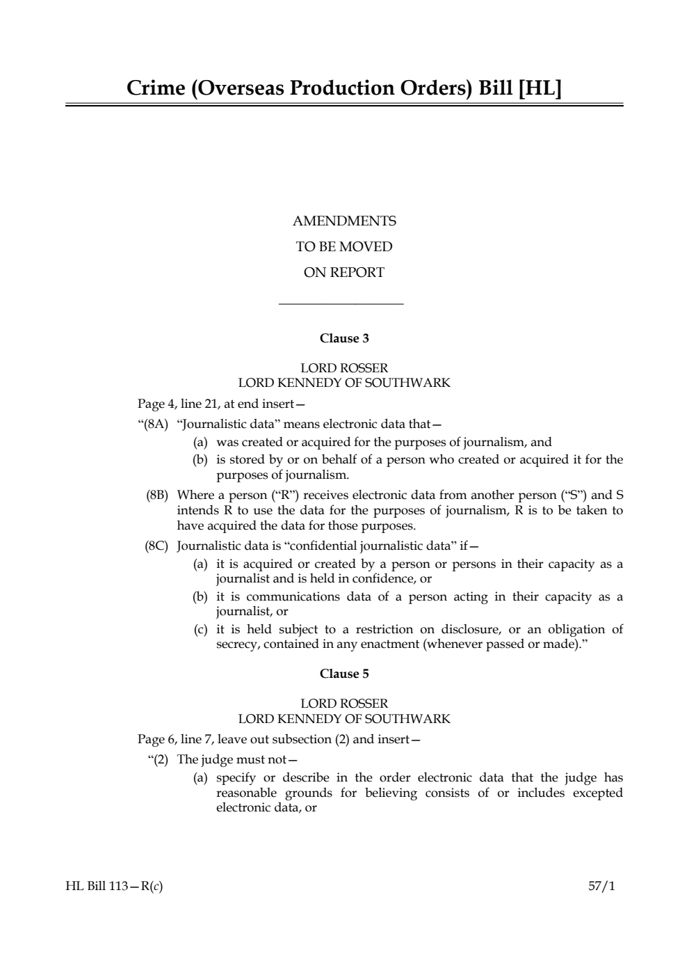 Crime (Overseas Production Orders) Bill Amendments to be moved on report