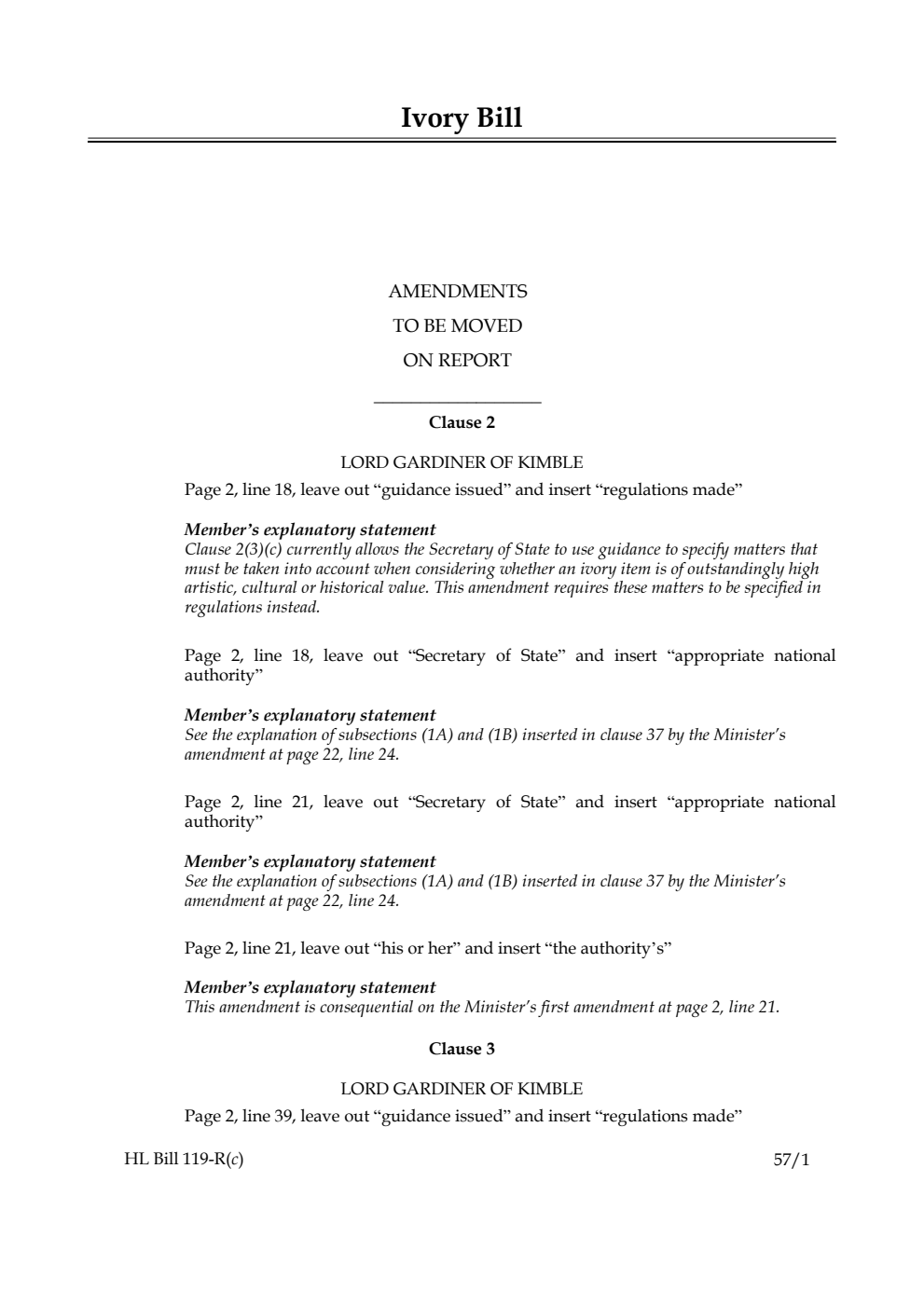 Ivory Bill Amendments to be moved on report